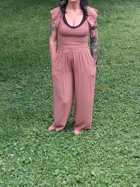 Japan Rags Dusty Rose Ruffle Shoulder Wide-Leg Jumpsuit